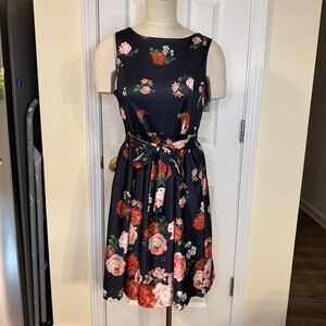 Owin Black Floral Sleeveless Fit & Flare Dress Size L NWT
